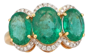 Three Stone Yellow Gold Natural Oval Emerald Ring With Natural Diamonds