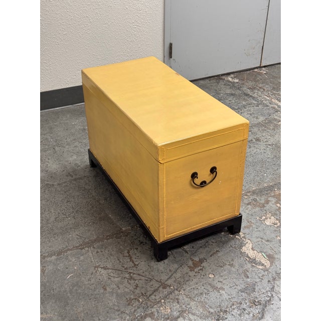 Chinese Lift-Top Yellow Leather Trunk, Vintage For Sale In San Francisco - Image 6 of 12
