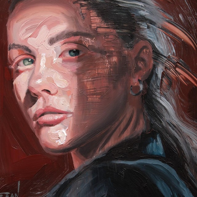 Contemporary Ember Eyes by Stefan Smit | Oil on Panel Portrait of a Young Woman with Intense Expression For Sale - Image 3 of 5