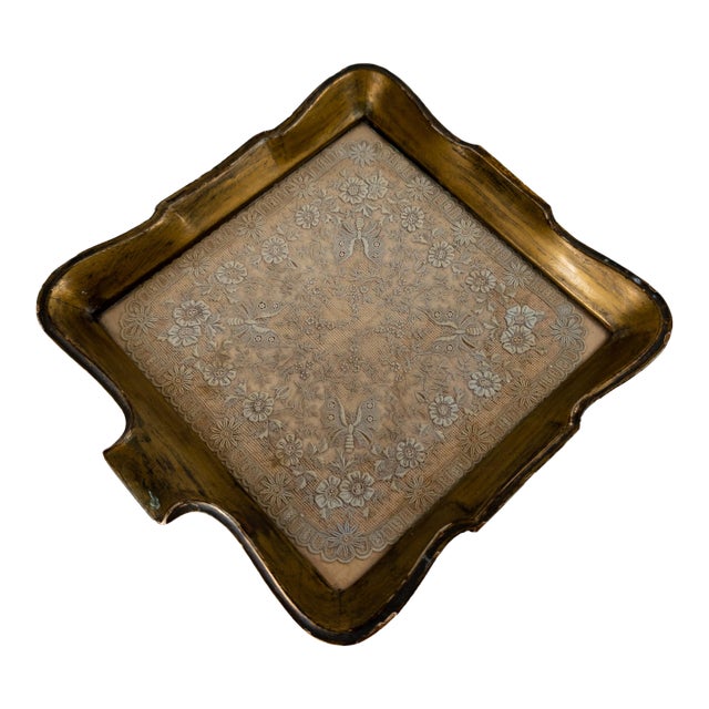 19th Century Victorian Silk or Cotton Lace Embroidered Doily in Giltwood Tray For Sale