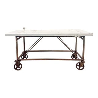 Vintage Industrial Farmhouse Work Bench Table With Caster Wheels For Sale