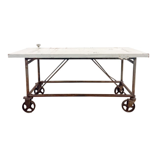 Vintage Industrial Farmhouse Work Bench Table With Caster Wheels For Sale