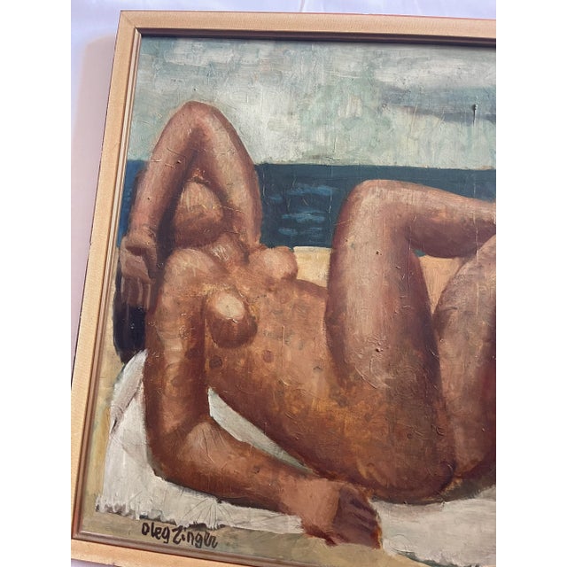 Textile Oleg Zinger Oil Painting Sign Cubism Naked Women on the Beach 1945 France For Sale - Image 7 of 11