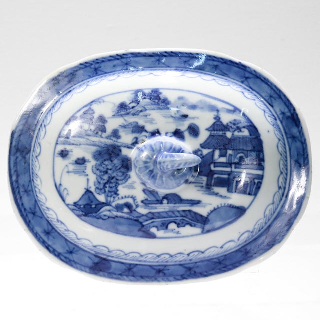 Ceramic Antique Blue & White Canton Chinese Export Porcelain Miniature Sauce Tureen For Sale - Image 7 of 16