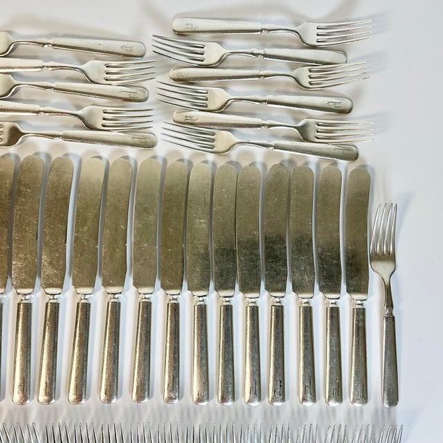 Silver Mid 1800s Antique English Boho Chic Monogrammed Silver Plate Knives and Forks - Set of 70 For Sale - Image 8 of 17