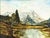 Gorgeous vintage landscape of Bavarian lake with snow-capped mountains in background. Signed illegibly bottom right corner...
