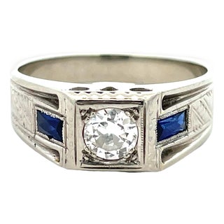 Antique Art Deco 18k Gold Diamond & Sapphire Ring, Size 9 For Sale
