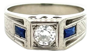 Antique Art Deco 18k Gold Diamond & Sapphire Ring, Size 9