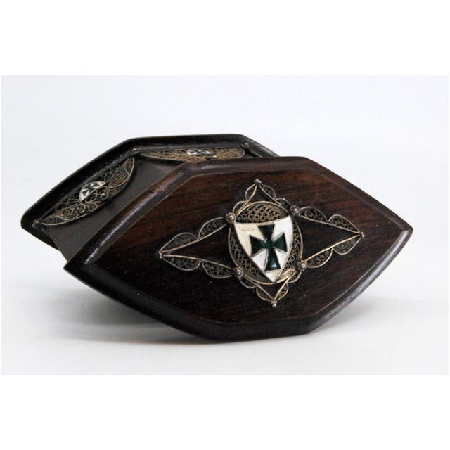 Silver Wooden Jewelry Box with Silver Coat of Arms Applications and Velvet Interior For Sale - Image 8 of 11