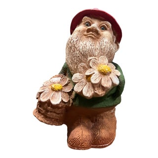 Late 20th Century Gnome Gathering Flowers Looking Up Garden Weathered Elf Fairy For Sale