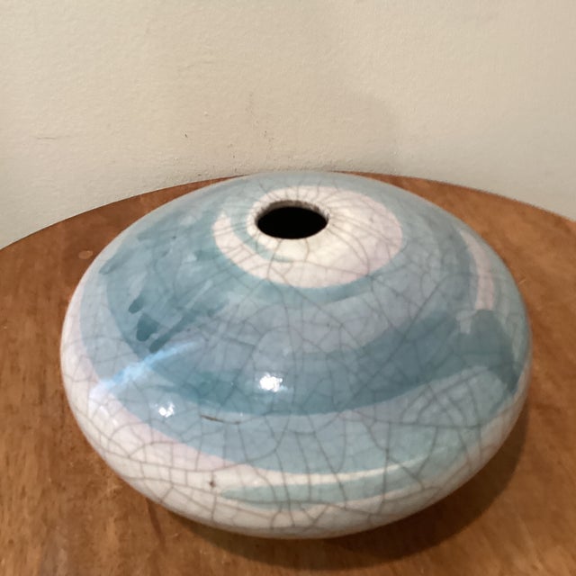Vintage Raku Style Studio Art Pottery Blue and White Crackle Glaze Vase Signed For Sale - Image 9 of 12