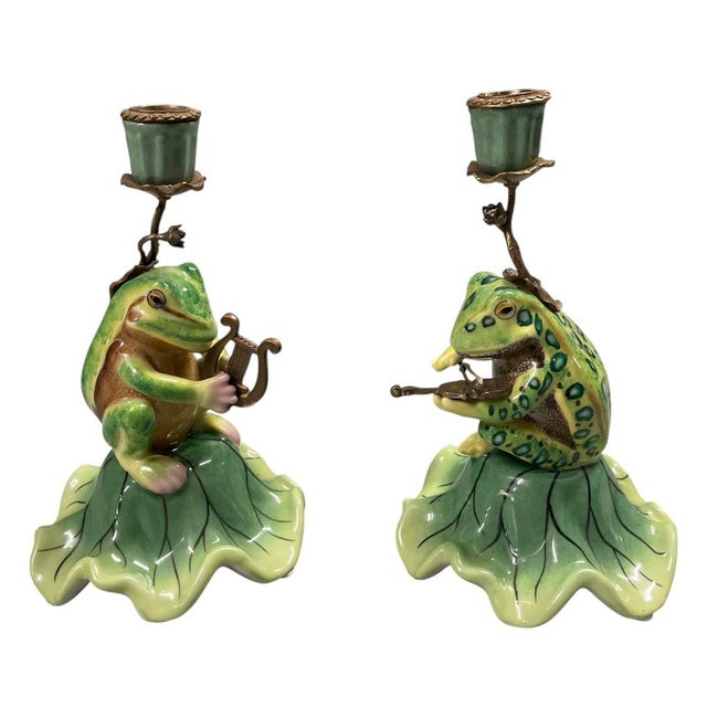 Pair of Vintage Whimsical Ceramic and Bronze Patinated Metal Musical Frog Candle Holders For Sale