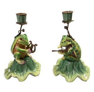 Pair of Vintage Whimsical Ceramic and Bronze Patinated Metal Musical Frog Candle Holders