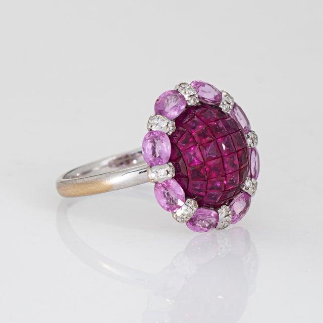 Contemporary Invisible Set Ruby Ring Pink Sapphire Diamond 18k White Gold Sz 7.25 Jewelry For Sale - Image 3 of 7