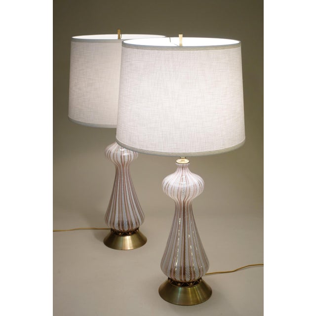 1960 Large White & Pink Barovier Toso Murano Italy Latticino Blown Art Glass Brass Table Lamps - a Pair For Sale - Image 9 of 13