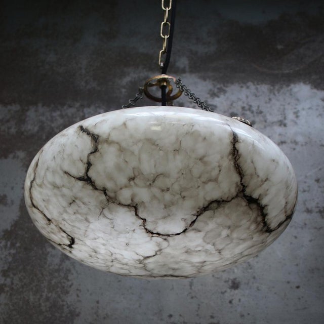 Art Deco Pendant Lamp in Brass and White Grey Marble Painted Glass, France, 1920s For Sale - Image 4 of 7