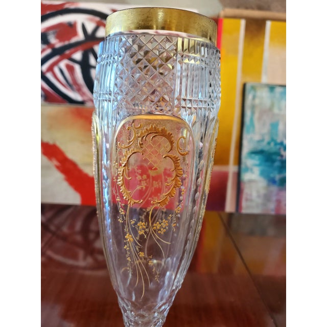 A large 150 years old Baccarat style gilt gold decorated vase. Having brilliant diamond cut sharp pattern with rich gold...