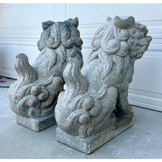 Rare Late 19th Century Meiji Era Japanese Granite Komainu Guardian Lions Hand Carved Stone Foo Dogs / Shishi Pair (C. 1890) For Sale - Image 14 of 18