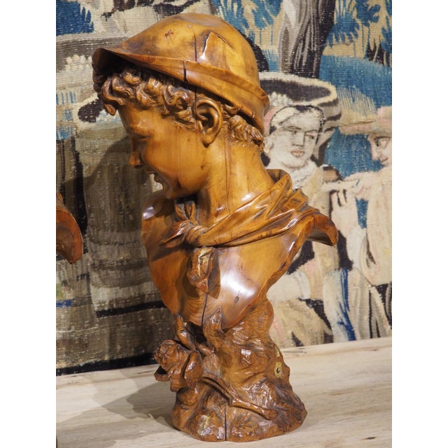 Pair of Antique French Carved Pine Busts of a Boy and a Girl, Circa 1900 For Sale - Image 17 of 18