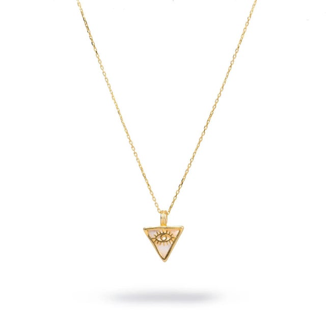 Protect yourself from negative energies with the Pearl & Gold Triangle Pendant Evil Eye Talisman Necklace. Crafted with...