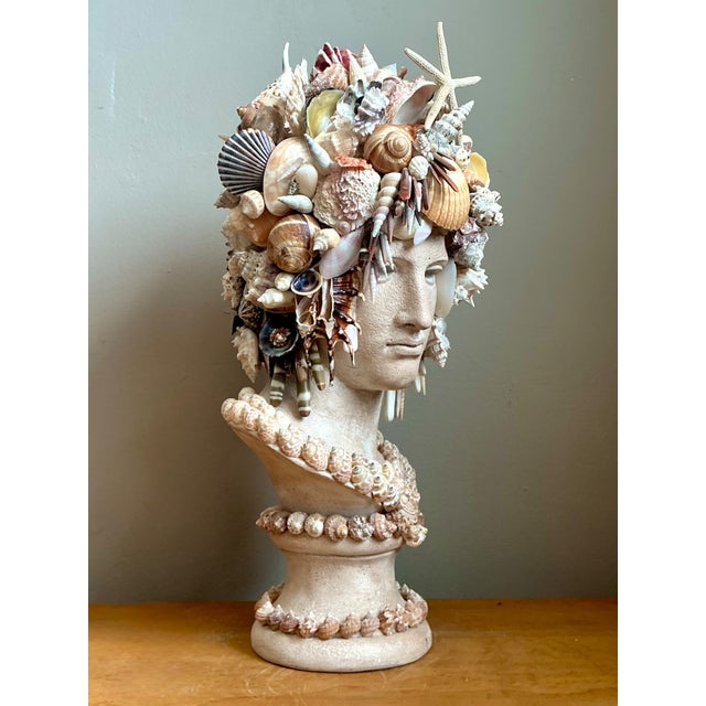 Hollywood Regency Vintage Shell Encrusted Bust Sculpture For Sale - Image 3 of 12