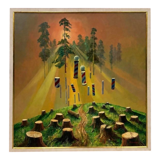 Vintage Surrealist Barber Pole Forest Landscape Oil on Canvas Painting - Curt Frankenstein (1922-2009) For Sale