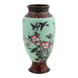 Large Antique Meiji Japanese Cloisonne Enamel Green Vase Flowers and Birds