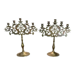 Vintage Chinoiserie Dragon Brass Candelabra Table Top 5 Cup Candlestick Holders