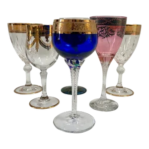 Vintage Mismatched Jewel-Tone Gold Gilt Crystal Wine Stem Glasses - Set of 6