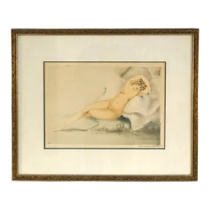 Antique Louis Icart Etching Of Reclining Nude Woman Signed C1920