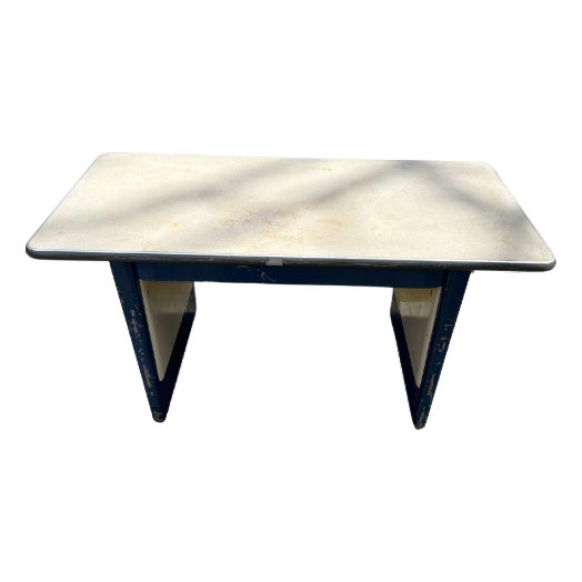 Vintage Industrial Steel Work Desk With Blue Frame and White Formica Top For Sale