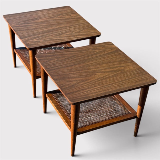 Pair of 1963 Lane Walnut End Tables | Style 1038-18, Formica & Cane For Sale - Image 11 of 11