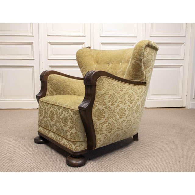 Vintage Swedish Wingback Chair with Golden Velvet and Carved Oak Armrests, 1920s For Sale - Image 4 of 12