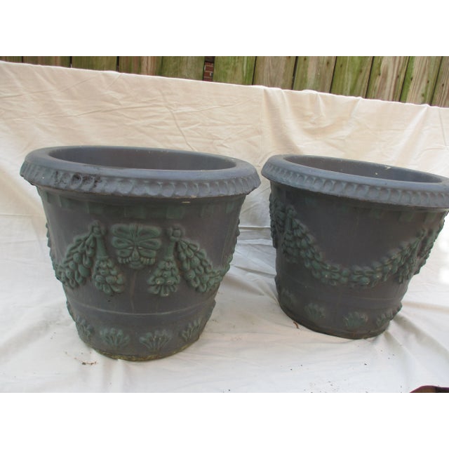 Vintage Ornate Concrete Blue Garden Planters With Garlands of Flowers - Set of 2 For Sale - Image 10 of 11