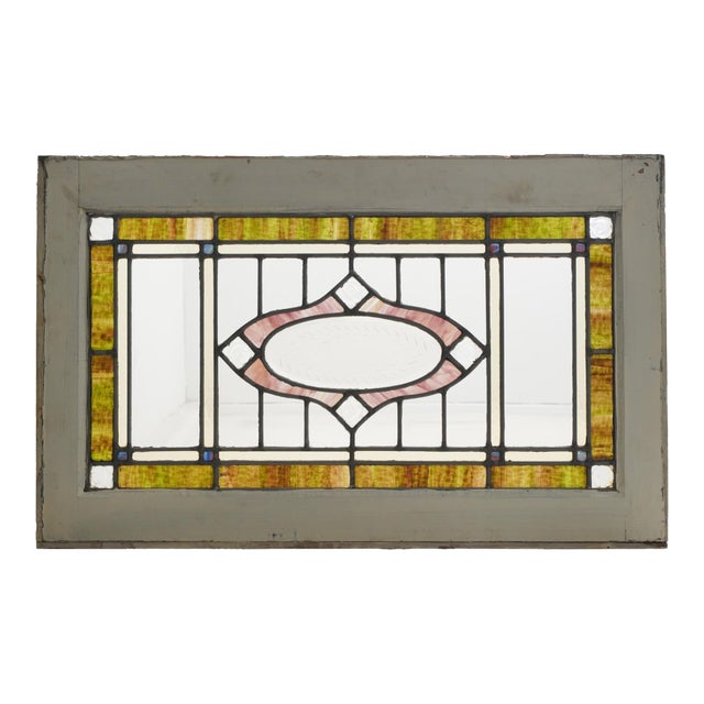 Antique Arts & Crafts Leaded Stained Glass Window 34.75 X 21.75 In. For Sale