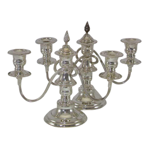 1980’s Vintage/New Silver Candelabras, Beaded 3 Light- A Pair
