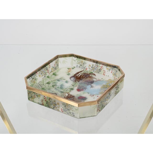 Octagonal Floral Acrylic Glass and Brass Serving Tray by Alberto Sordi, Italy, 1970s For Sale - Image 11 of 14