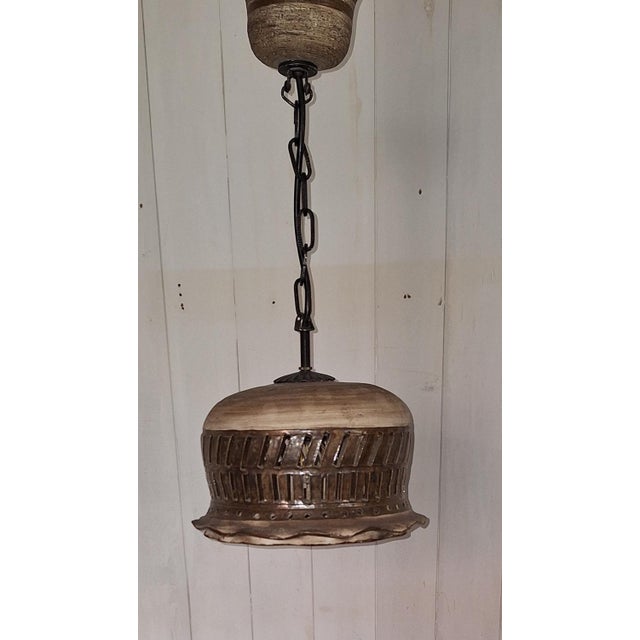 Metal Vintage Rustic Ceiling Lamp with Beige-Brown Ceramic Shade on a Black Iron Chain, 1970s For Sale - Image 7 of 7