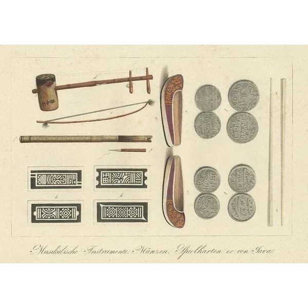 Antique print titled 'Musikalische Instrumente, Münzen, Spielkarten & c von Java'. Uncommon engraving of musical...