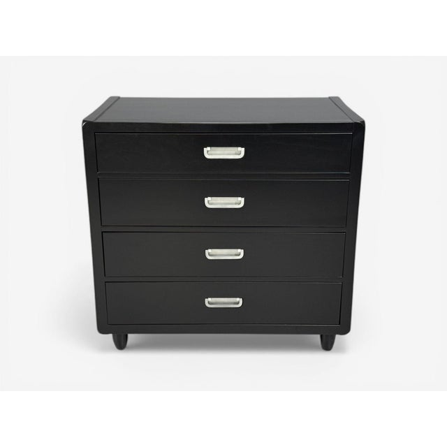 American of Martinsville, Hollywood Regency Style, Campaign Chests of Drawers, Ebonized Wood, Chrome, USA, 1970s Pair of...