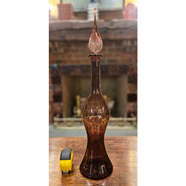 Empoli Vintage MCM Amethyst Glass Genie Bottle Decanter Italian Empoli Style With Flame Stopper For Sale - Image 4 of 12