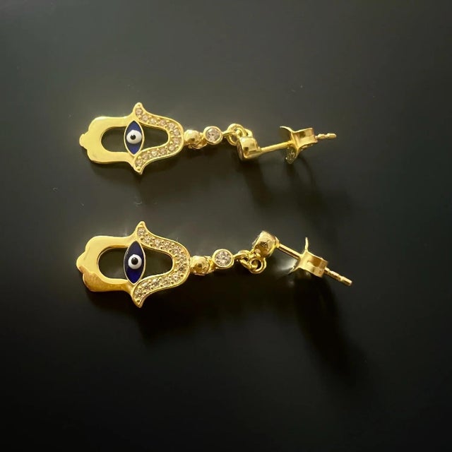 Early 21st Century Blue Enamel Evil Eye Gold Plated Hamsa Earrings, A Pair For Sale - Image 5 of 7
