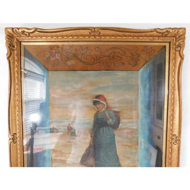 Large Vintage Figural Woman Gold Carved Wood Framed Print Wall Art Hanging New York For Sale In West Palm - Image 6 of 14