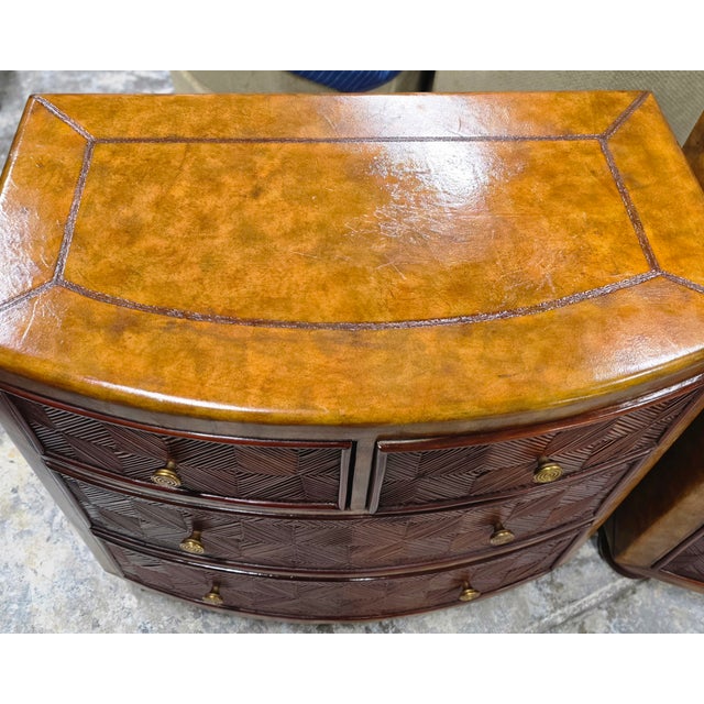 Wood Late 20th Century Pair of Lineage Home Woven Rattan Front and Leather-Clad Bow Front Chest of Drawers For Sale - Image 7 of 18