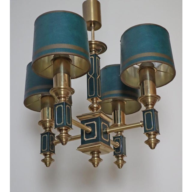 Empire Dark Green Leather and Brass Four-Arm Chandelier, France, 1960s For Sale - Image 12 of 18