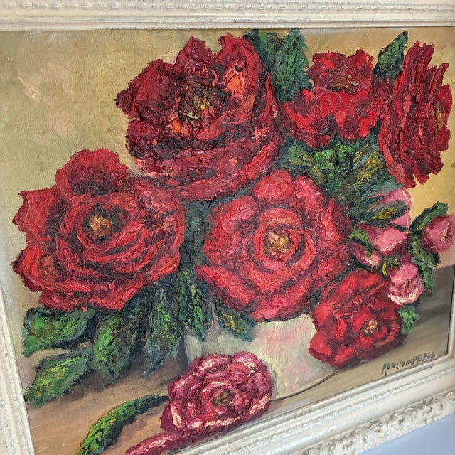 Early 20th Century Vintage Signed Ann Campbell Floral Still Life Oil Painting Red Roses in Ornate Frame For Sale - Image 5 of 10