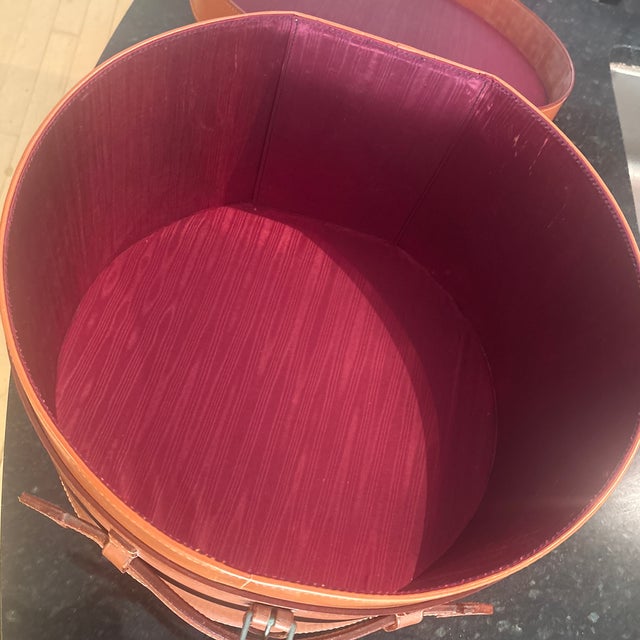 Textile Cognac Leather Rounded Storage Container For Sale - Image 7 of 12