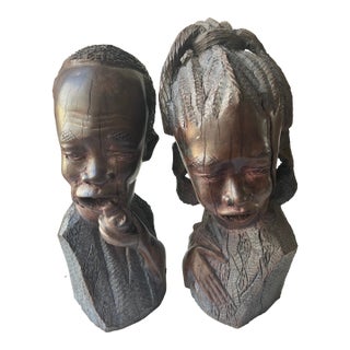 Pair of Vintage Traditional African Ebony Wood Man & Woman Carving Busters For Sale