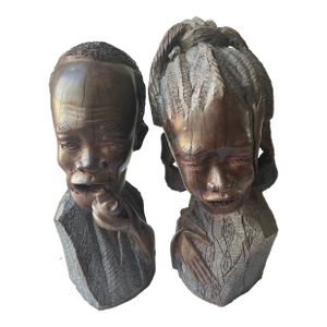 Pair of Vintage Traditional African Ebony Wood Man & Woman Carving Busters