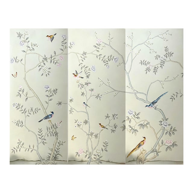 Hand-Painted Chinoiserie Bird & Blossom Wallpaper Panels – Elegant Floral Wall Mural, 3 Panels 36” X 96” For Sale